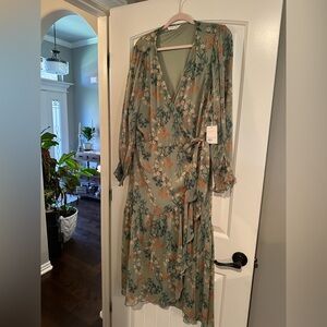 Long Sleeve Floral wrap Dress in Green and Orange